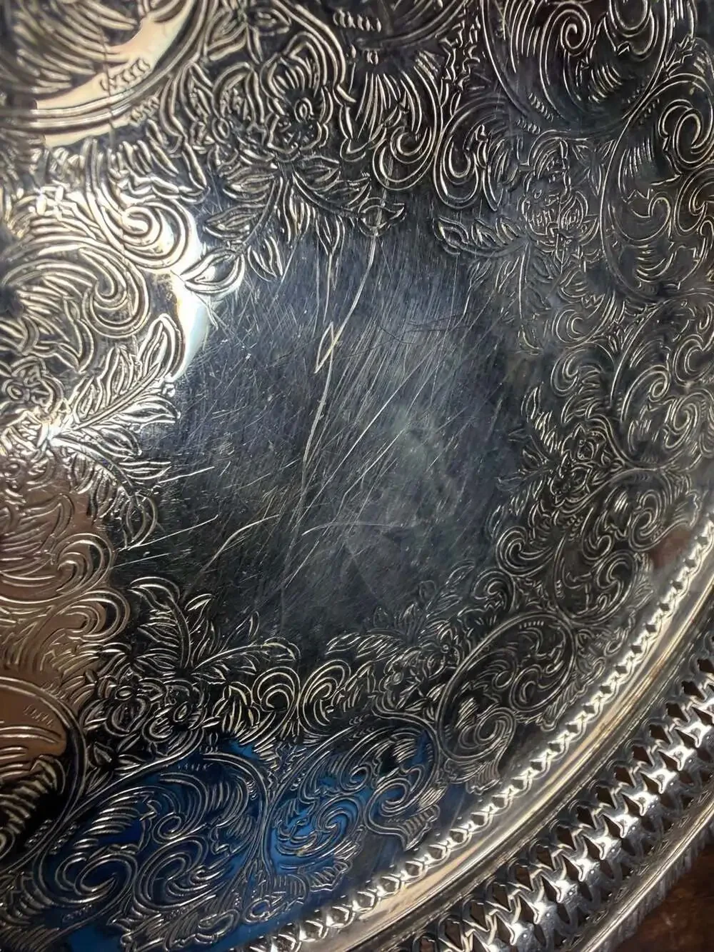 Oneida Silver Plated Round Pierced Scroll Serving Tray Platter